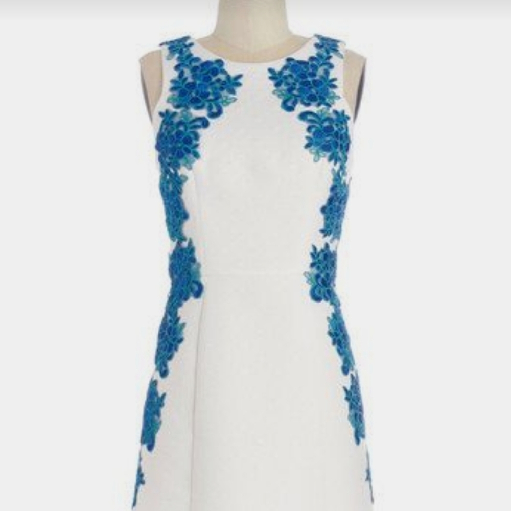 Mod Cloth white dress with blue lace appliques